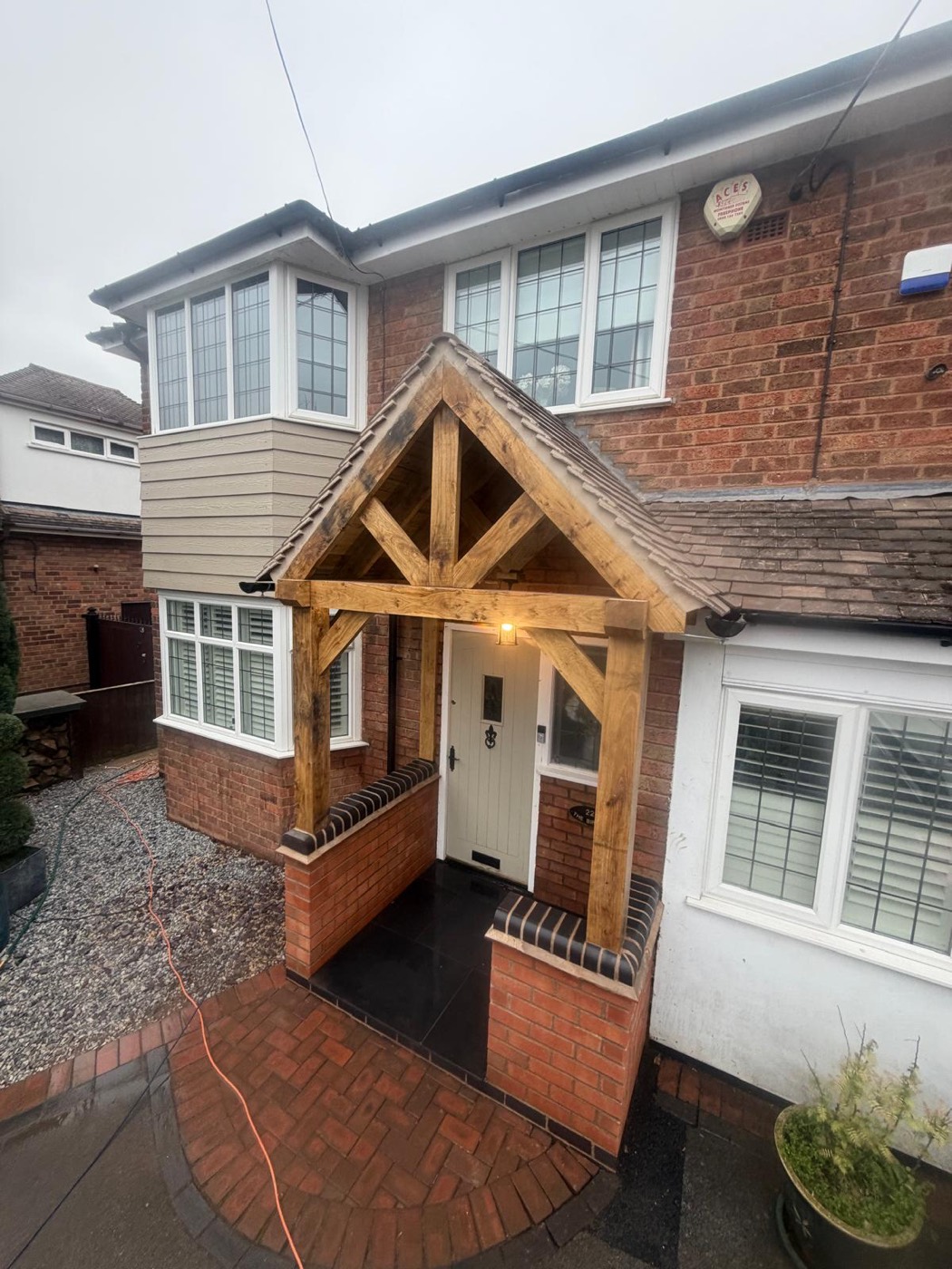 Oak Porch, Garden Wall & Gates — completed by Trio Construction Group in Coleshill